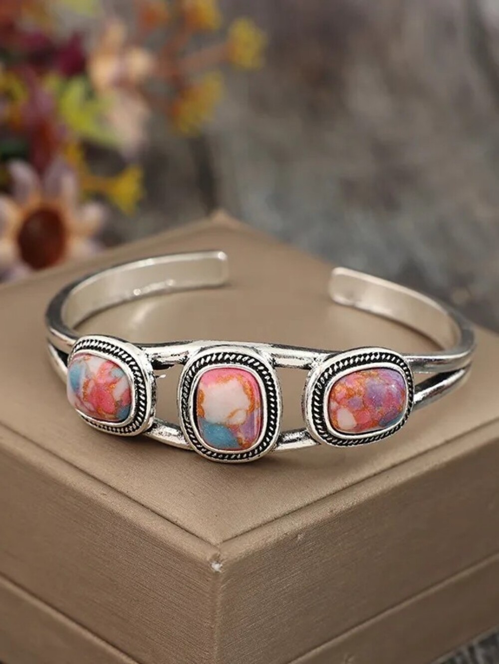 Women's Silver Cuff Adjustable Bracelet with Pink Multi-Color Stone Accents